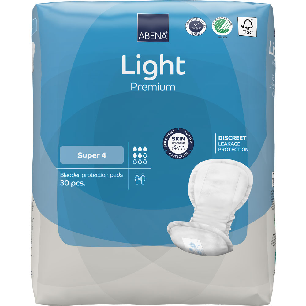 Ein Paket mit Blasenschutz-Pads der Marke ABENA, Premium Light, enthält 30 Stück. Es ist blau und zeigt ein Abbild eines einzelnen Pads sowie Eigenschaften wie diskrete Auslaufschutz.