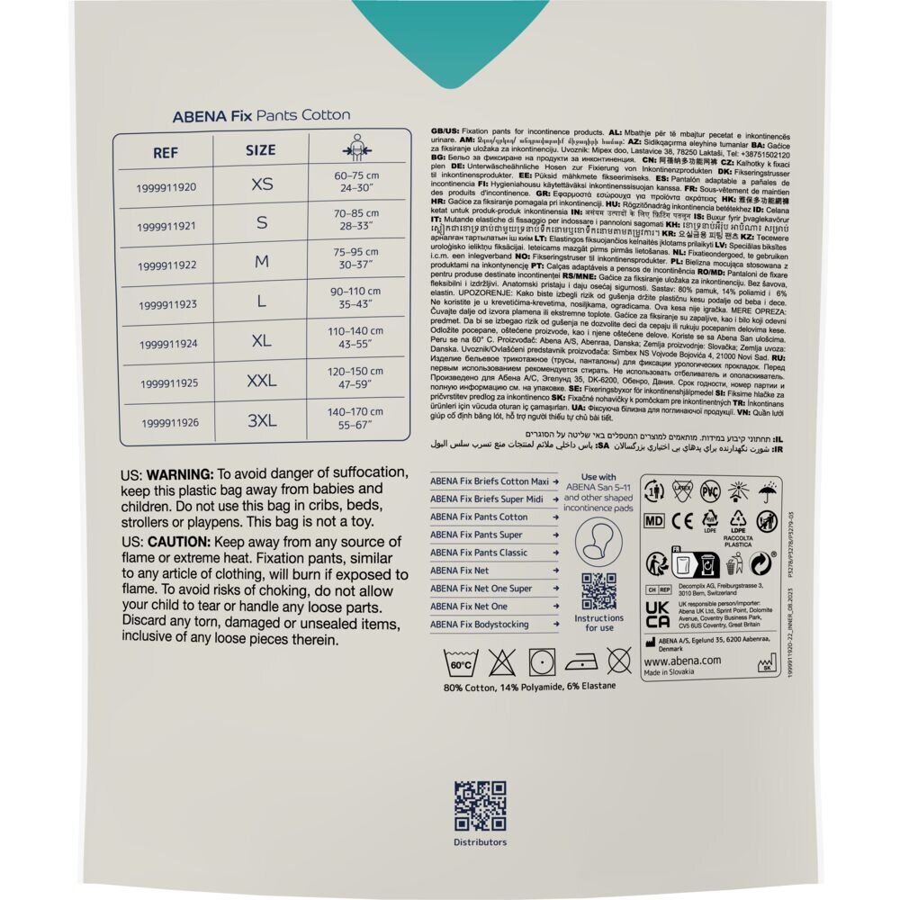 ABENA Fix Pants Cotton Verpackung zeigt Informationen zu verschiedenen Größen von Fixationshosen für Inkontinenzprodukte. Auffällig sind die Größen und Pflegehinweise, zusammen mit Warnungen zur sicheren Anwendung.