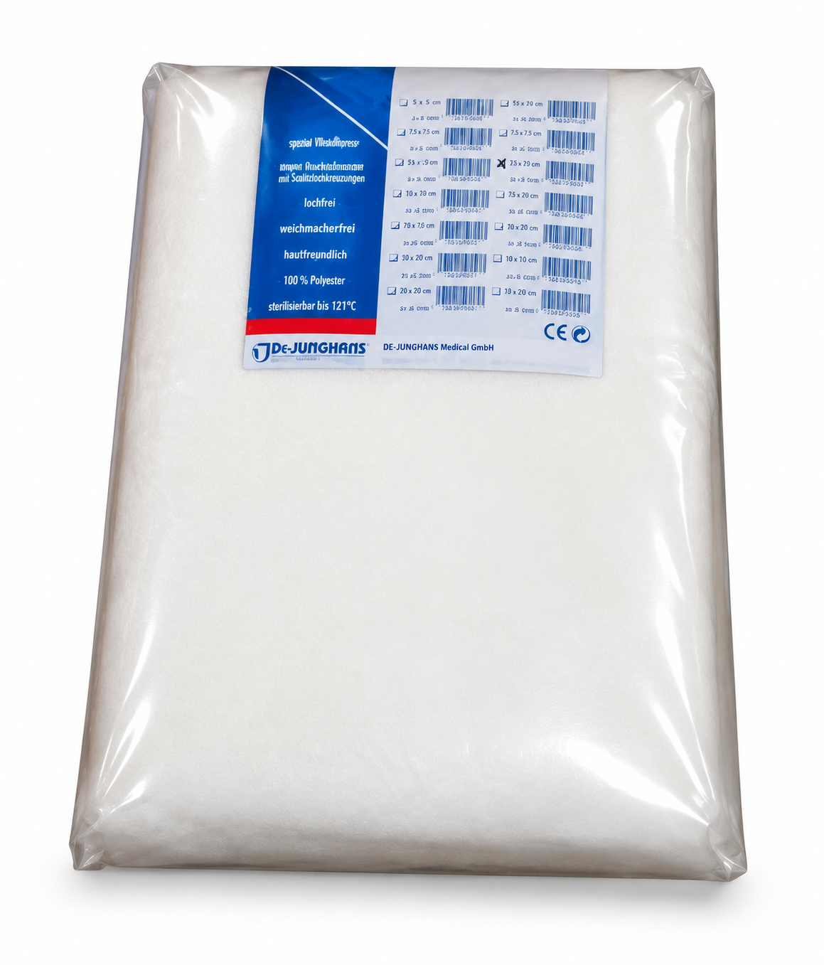 Weißer Vliesstoff, verpackt in transparenter Folie. Auf der Verpackung sind Produktdetails und Größenangaben zu sehen, einschließlich Pflegehinweisen und Materialbeschreibung. Der Hintergrund ist neutral.