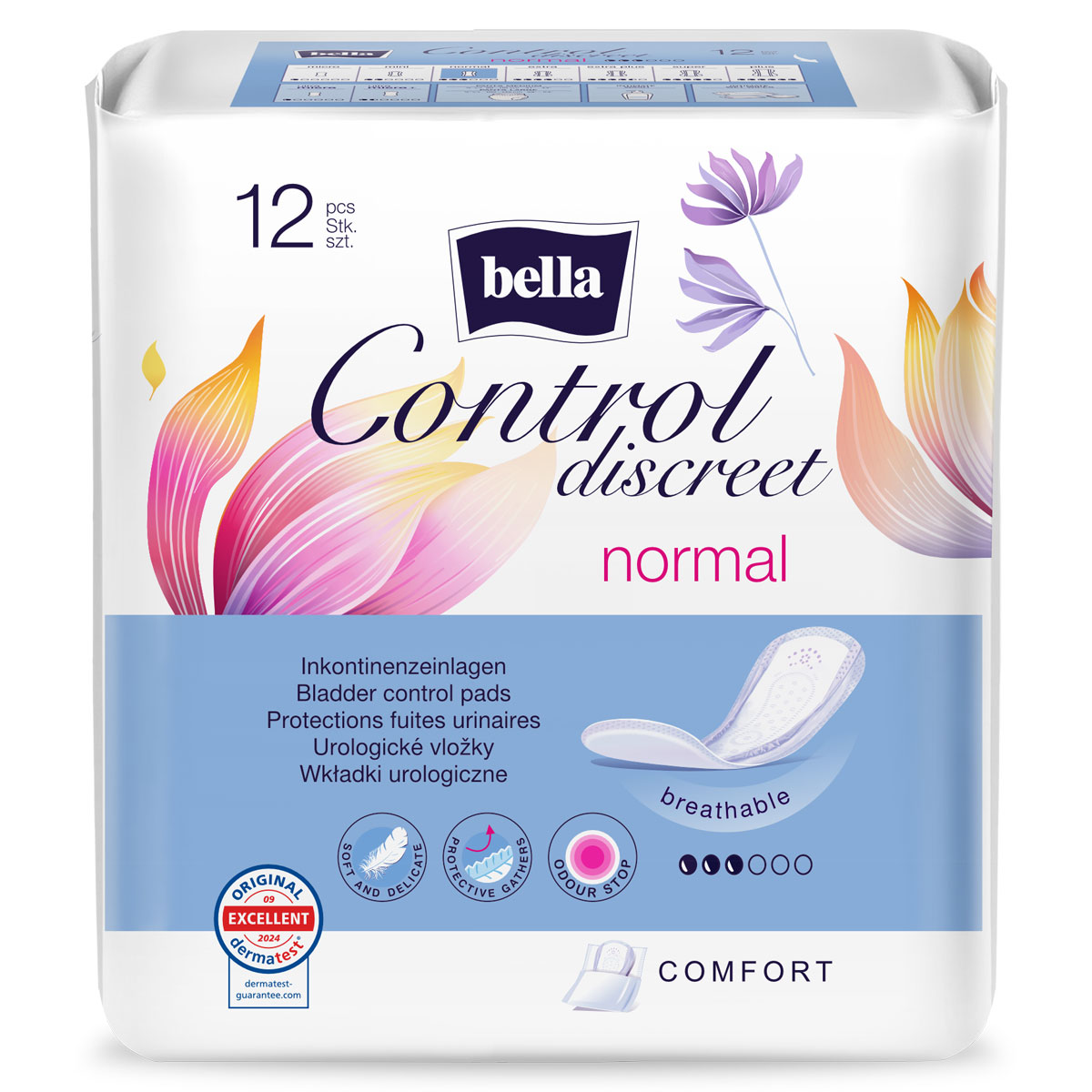 Eine Packung Inkontinenzeinlagen mit 12 Stück, dekoriert mit blumigen Motiven und den Worten -Control discreet normal-. Sichtbare Merkmale sind beschreibende Begriffe für die Produkteigenschaften wie -atmunsgaktiv- und -Geruchsstopp-.