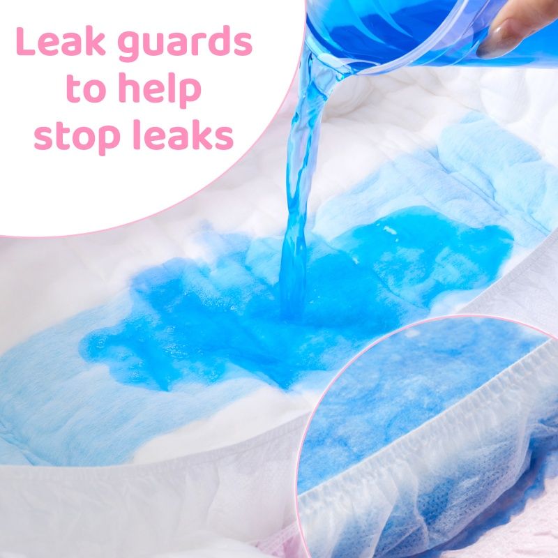 Ein Windelunterlage wird mit blauer Flüssigkeit übergossen, um die Wasserdichtigkeit zu demonstrieren. Im Hintergrund sind Auslaufschutzmerkmale sichtbar, während sich pleats oder elastische Bänder an der Seite zeigen. Text: -Leak guards to help stop leak