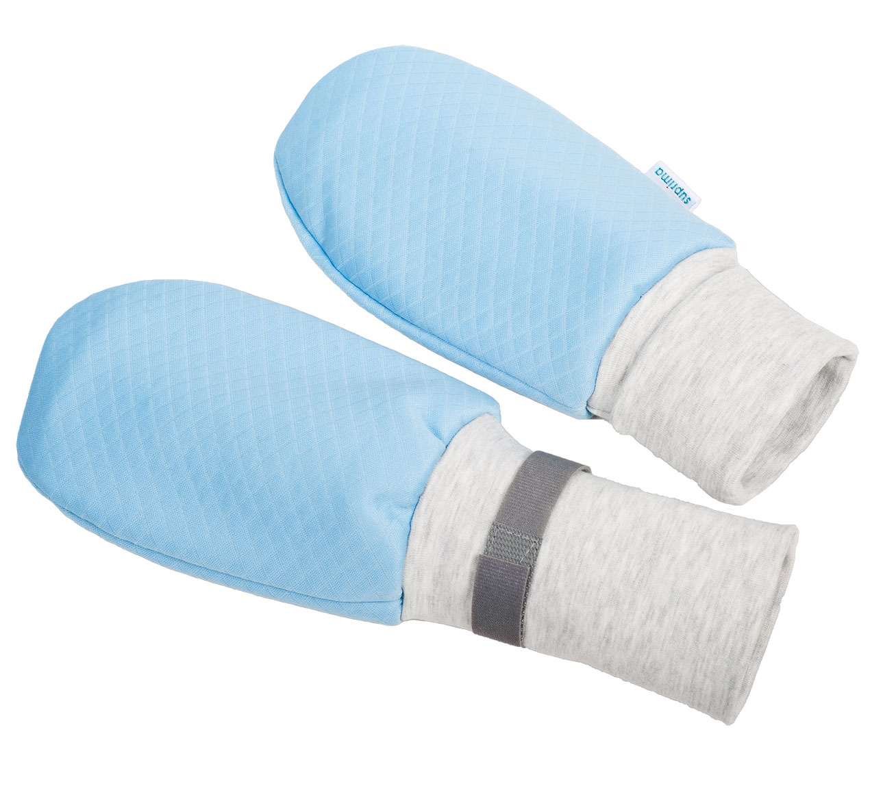 Zwei blaue Fäustlinge sind nebeneinander angeordnet. Die Außenseite ist strukturiert, während die Innenseite aus grauem Material besteht. An den Bündchen sind graue Gummiähnliche Halter befestigt.