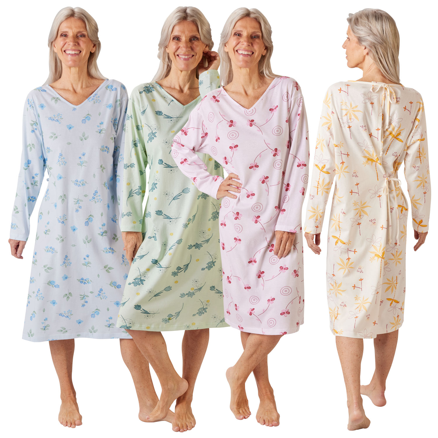 Kleidungsstücke für Damen in verschiedenen Farben und Mustern, präsentiert von einer lächelnden Frau. Die Nachthemden haben lange Ärmel und sind leicht dehnbar. Jeder Entwurf zeigt florale Muster.