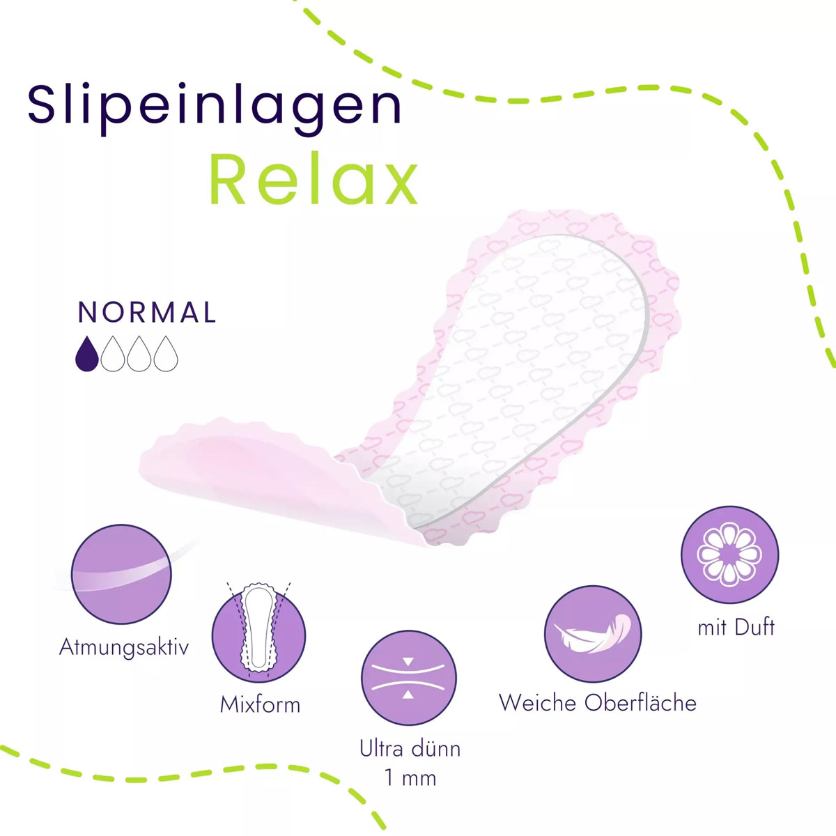 Slip-Einlagen namens -Relax- sind in einer normalen Ausführung abgebildet. Sie haben eine ultradünne Dicke von 1 mm, eine weiche Oberfläche und sind atmungsaktiv. Die Einlagen sind mit einem Duft versehen und haben eine Mixform.
