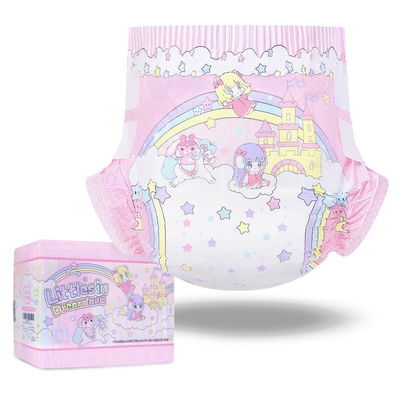 Bunte Windel mit kindgerechtem Design, bedruckt mit Figuren, Regenbogen und Sternen. Neben der Windel steht eine Verpackung mit der Aufschrift -Littles in Dreamland- in pink.