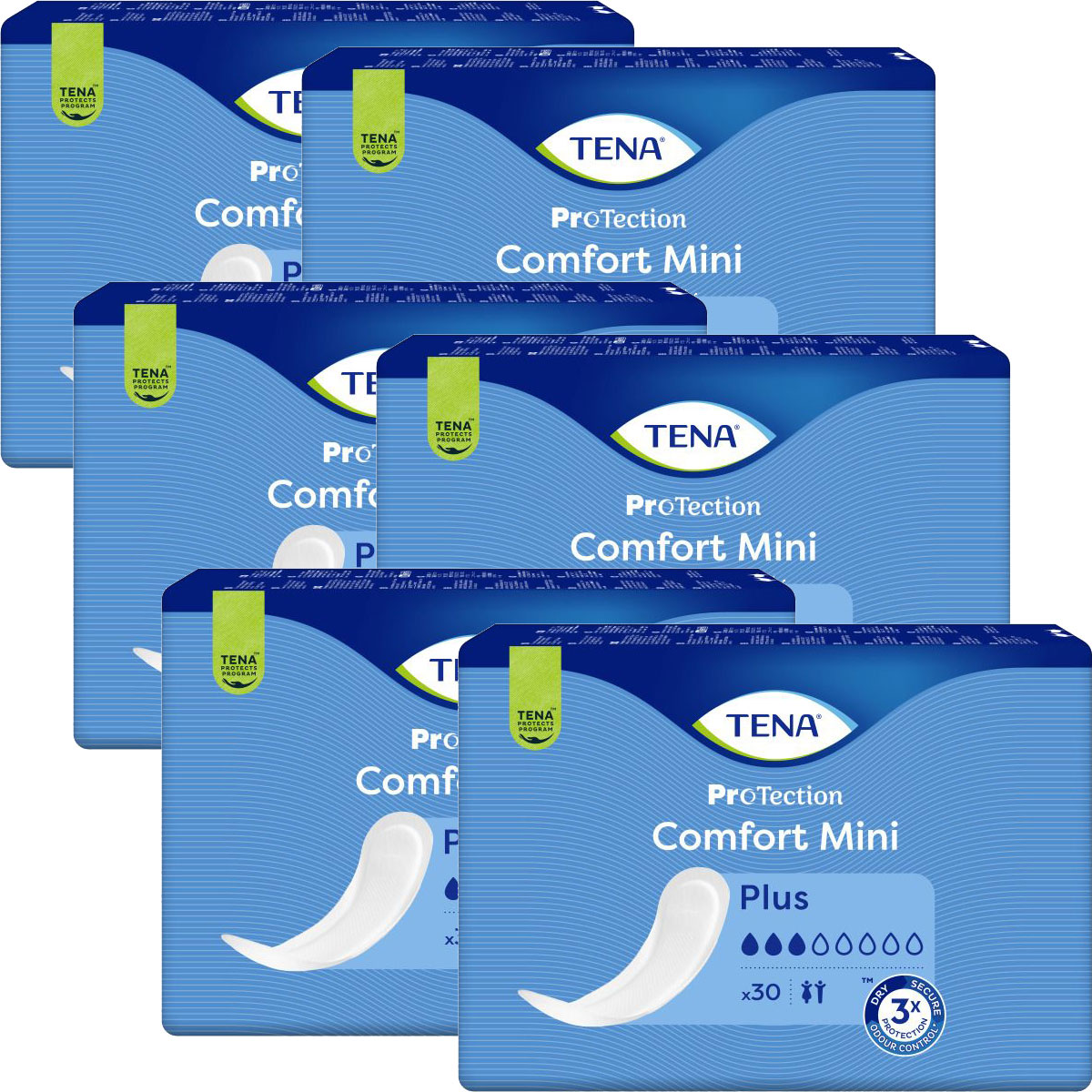 Sechs Verpackungen der TENA ProTection Comfort Mini Plus sind übereinander gestapelt. Jede Packung zeigt eine blaue Grundfarbe, das TENA-Logo und beschreibt die Produktmerkmale. Die Verpackungen sind einheitlich gestaltet und enthalten ein Bild des Produk