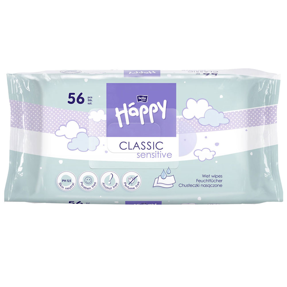 Feuchttücher-Packung mit 56 Stück, beschriftet als -Happy Classic Sensitive-. Die Verpackung ist hellgrün mit lila Akzenten und Wolkenmotiven. Hinweise auf pH-Wert, parabenfrei, alkoholfrei und parfumfrei sind abgebildet.