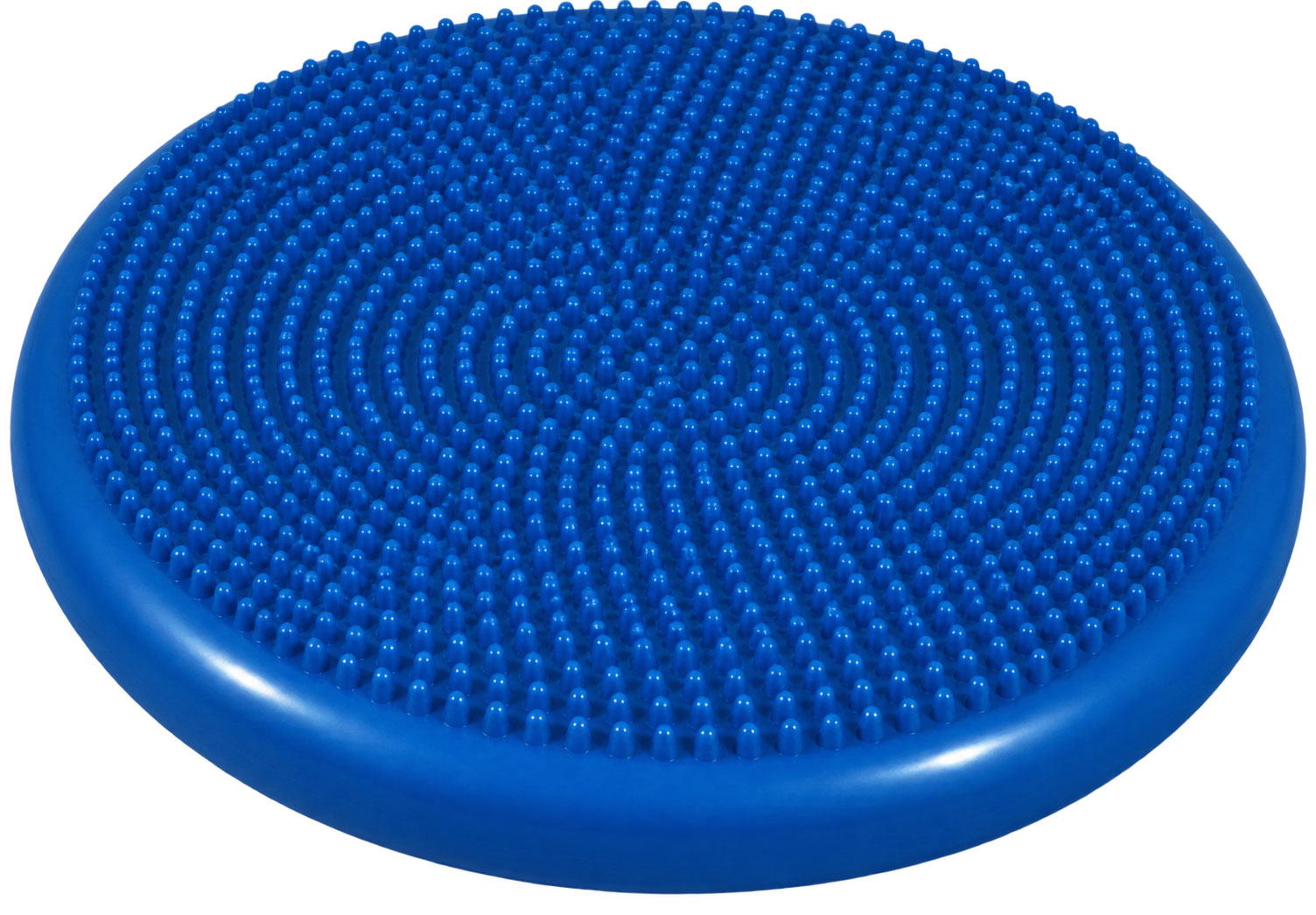 Runder, blauer Balance-Kissen mit einer strukturierten, genoppten Oberfläche. Es ist für Gleichgewichtsübungen und therapeutische Anwendungen konzipiert. Der Hintergrund ist einfarbig und neutral.