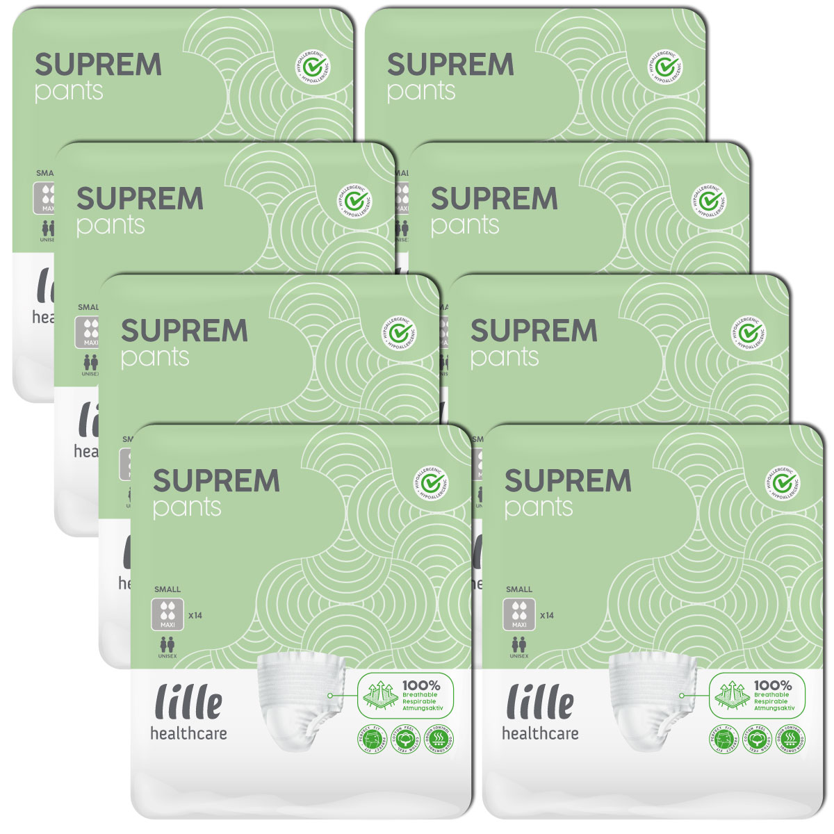 Verpackungen von Inkontinenzprodukten sind übereinander gestapelt. Jede Packung zeigt die Aufschrift -SUPREM pants- und das Logo von -lille healthcare-. Die Farben sind hauptsächlich grün und weiß.