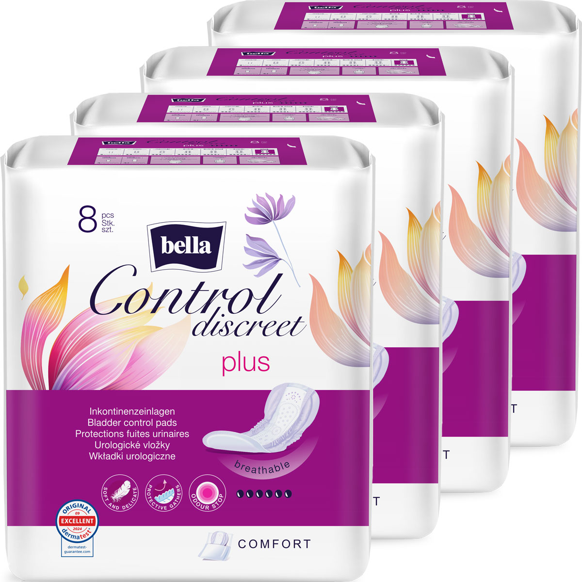 Vier Packungen von Bella Control Discreet Plus Einlagen arete sichtbar, mit einem weißen Hintergrund und einer grafischen Gestaltung in Lila und Rosa. Jede Packung zeigt eine Abbildung der Inkontinenzeinlagen und die Aufschrift -breathable- sowie -COMFORT