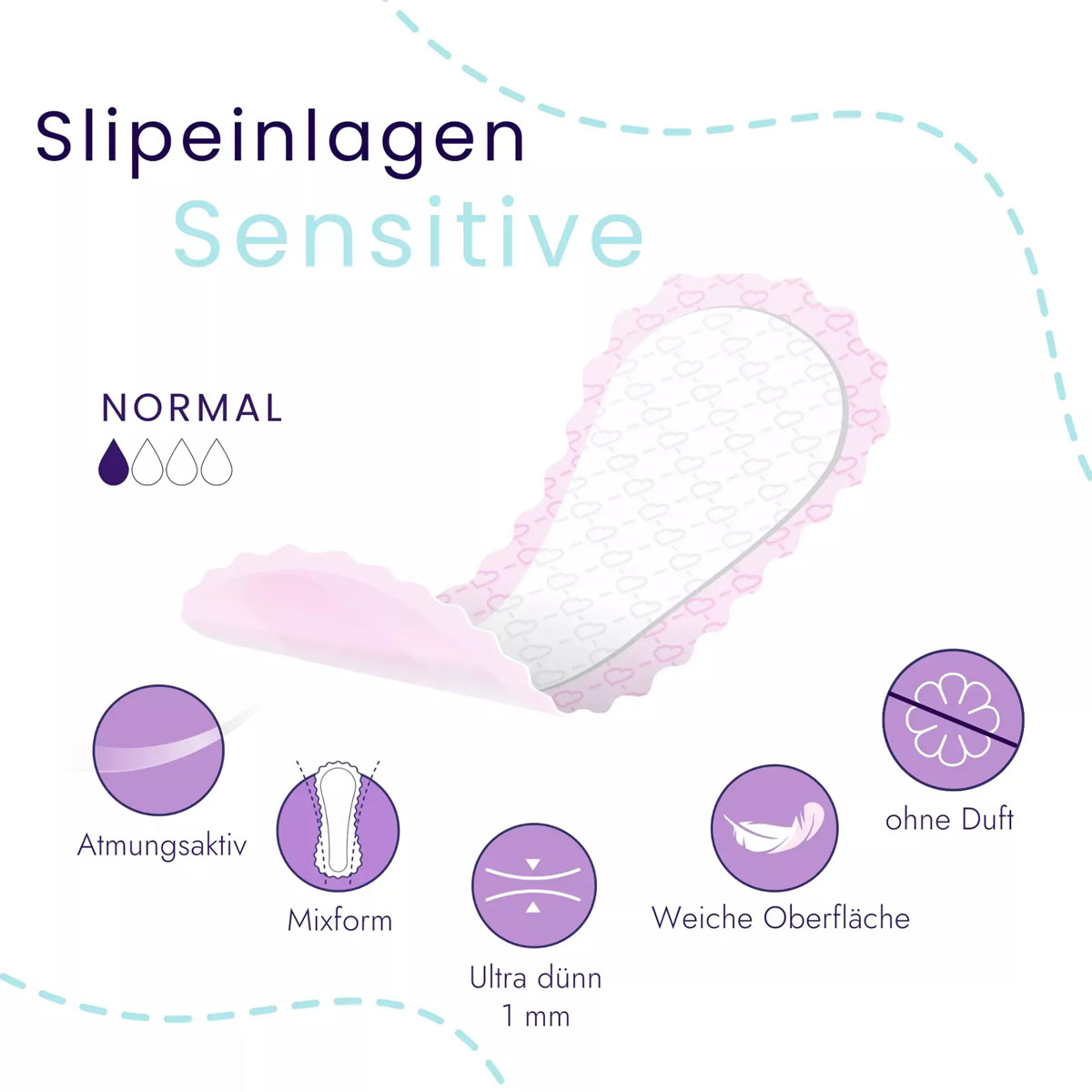 Slipeinlagen in sanften Farben, dünn und atmungsaktiv, mit einer weichen Oberfläche und ohne Duft. Die Verpackung enthält mehrere Symbole, die die Eigenschaften der Einlagen darstellen.