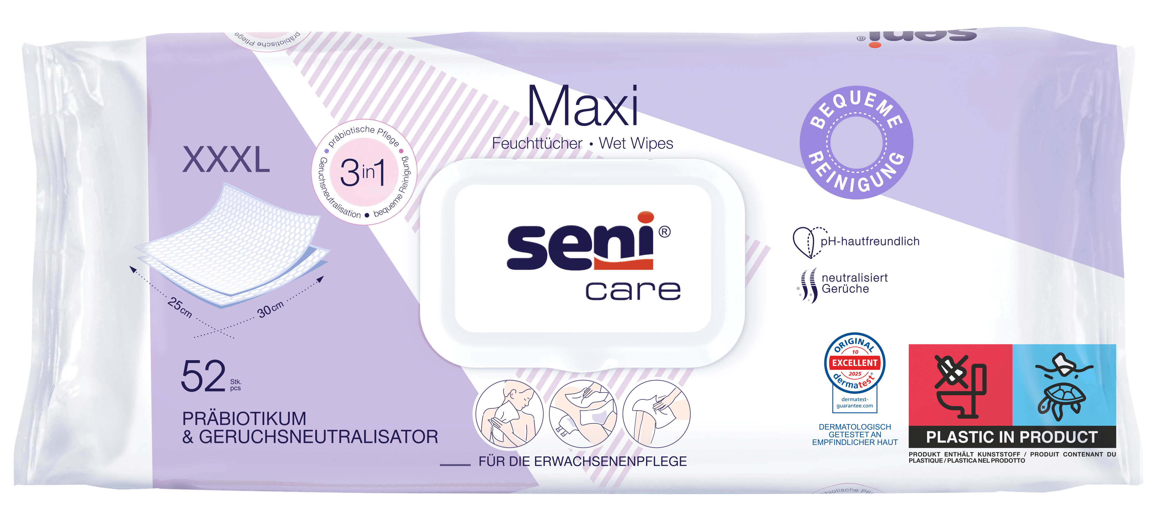 Maxi Feuchttücher in einer Verpackung mit 52 Stück. Sie bieten 3-in-1 Pflege, enthalten Präbiotika und Geruchsneutralisatoren. Für die Anwendung auf empfindlicher Haut geeignet.
