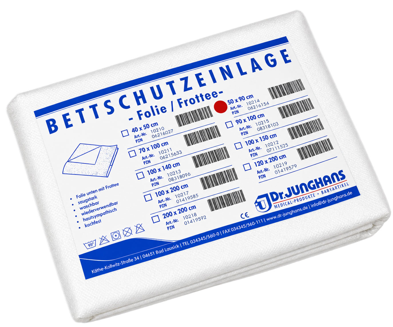 Bettschutzauflage aus Folie und Frottee, präsentiert in einer weißen Verpackung. Angaben zu Größen und Artikelnummern sind aufgeführt. Die Auflage ist saugfähig, waschbar und hautsympathisch.