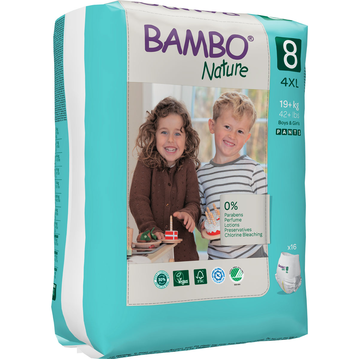 Bambuswindeln in einer 16er-Packung, Größe 4XL. Abgebildete Kinder spielen zusammen. Verpackung zeigt umweltfreundliche Symbole und enthält Hinweise zu Inhaltsstoffen wie 0% Parabene und Duftstoffe.