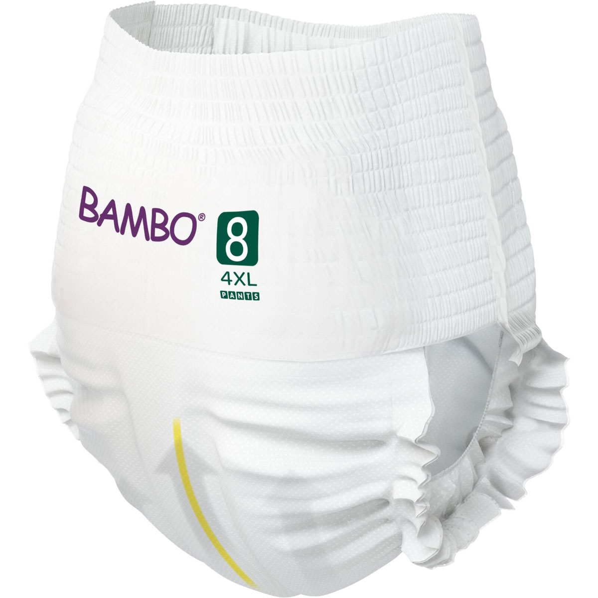 Bambo® Windel in Größe 8, 4XL, ist weiß mit elastischen Bündchen. Sie hat eine gelbe Markierung an der Seite. Hintergrund ist neutral, fokussiert auf das Produkt.