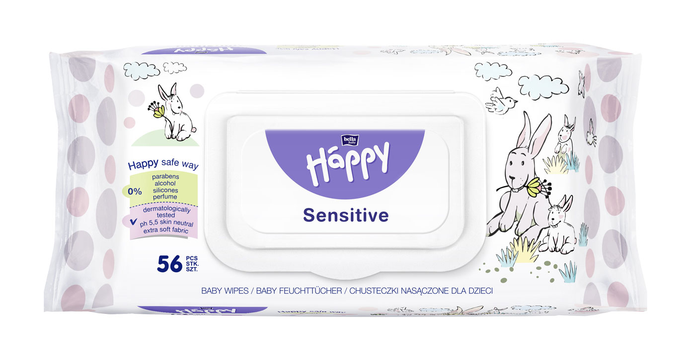 Feuchttücher in einer Verpackung mit bunten Punkten und Tiermotiven. Die Vorderseite zeigt den Schriftzug -Happy Sensitive- sowie Hinweise auf Produkteigenschaften wie -0% Parabene- und -dermatologisch getestet-.