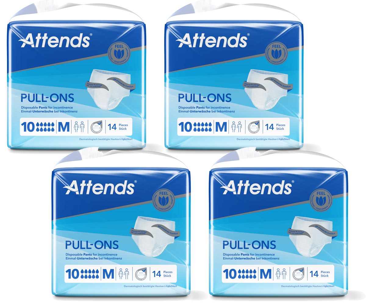 Vier Packungen Attends Pull-Ons stehen nebeneinander. Jede Packung enthält 14 Einmal-Unterhosen für Inkontinenz, angepasst für die Größe M. Die Verpackung ist blau mit einem Bild der Hosen und Hinweisen zur dermatologischen Verträglichkeit.