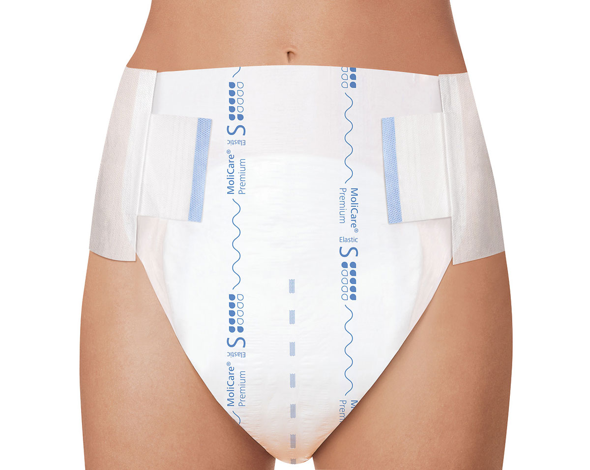 Eine elastische Inkontinenzunterwäsche ist um die Hüfte einer Person positioniert. Sie zeigt ein helles Design mit blauem Schriftzug -Molicare Premium- und Klettverschlussstellen für sicheren Halt.