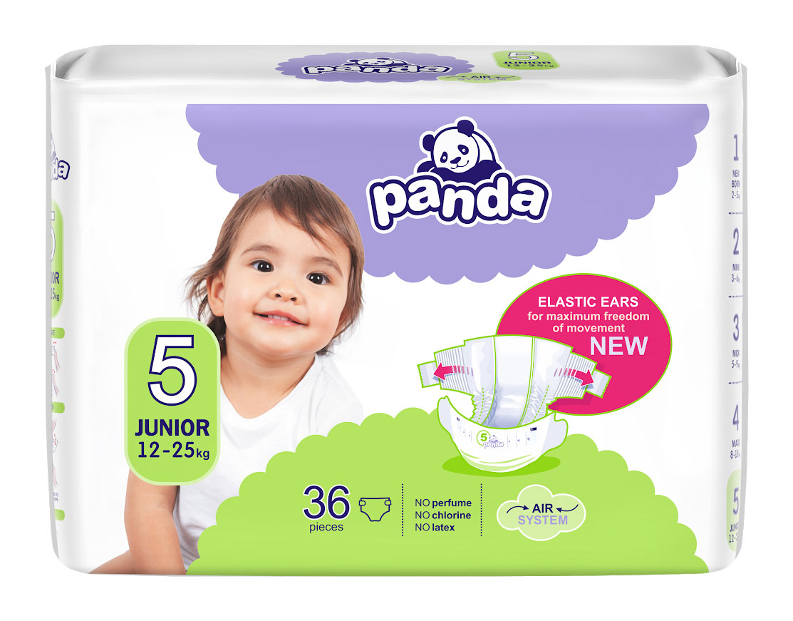 Paket von Babywindeln zeigt ein lächelndes Kleinkind im Vordergrund. Die Verpackung ist hell gestaltet und hebt Merkmale wie -elastische Ohren- und -kein Parfüm- hervor, mit der Gewichtsklasse 12-25 kg.