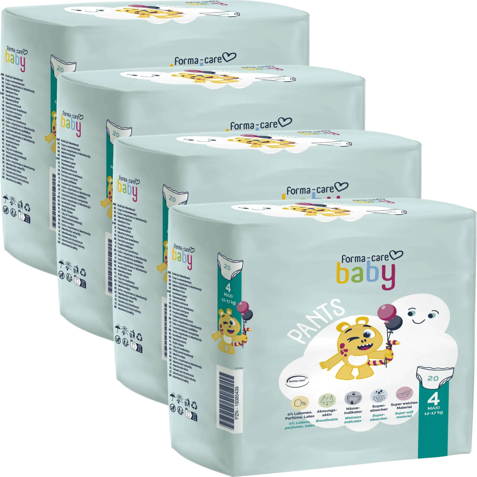 Vier Verpackungen von Babywindeln stehen nebeneinander. Die Windeln sind in einem hellblauen Design mit bunten, kinderfreundlichen Grafiken. Auf den Packungen sind verschiedene Informationen und Symbolik zu sehen, wie Größe und Eigenschaften.