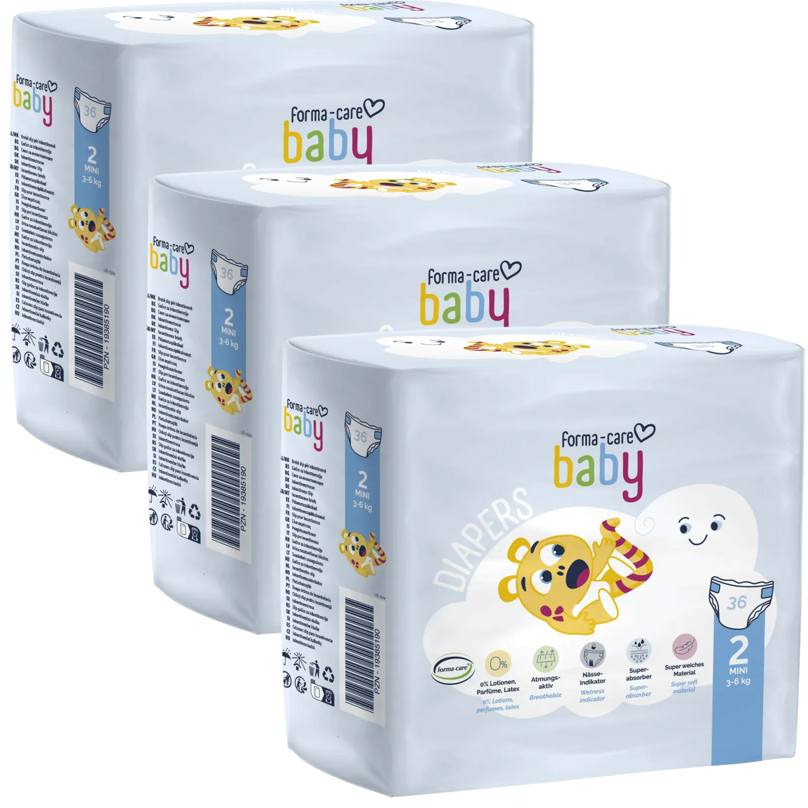 Drei Packungen Windeln der Marke forma-care baby sind übereinander gestapelt. Jede Packung enthält 36 Windeln der Größe 2 (Mini, 3-6 kg) und zeigt bunte, kinderfreundliche Designs.