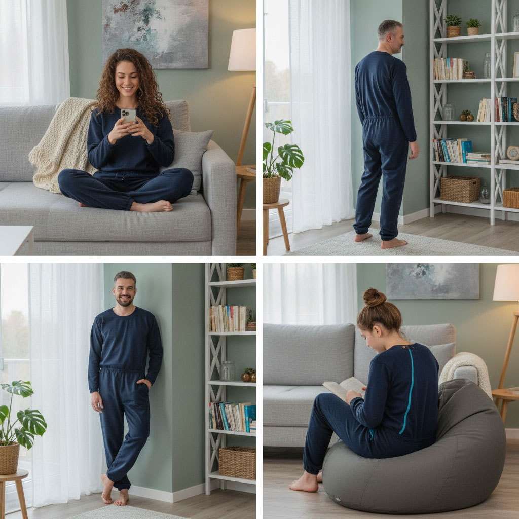 Ein Mann und eine Frau tragen dunkelblaue Lounge-Kleidung. Die Frau sitzt auf einem Sofa und nutzt ihr Handy, während der Mann steht. Um sie herum ist ein modernes, helles Wohnambiente mit Pflanzen und Bücherregalen.