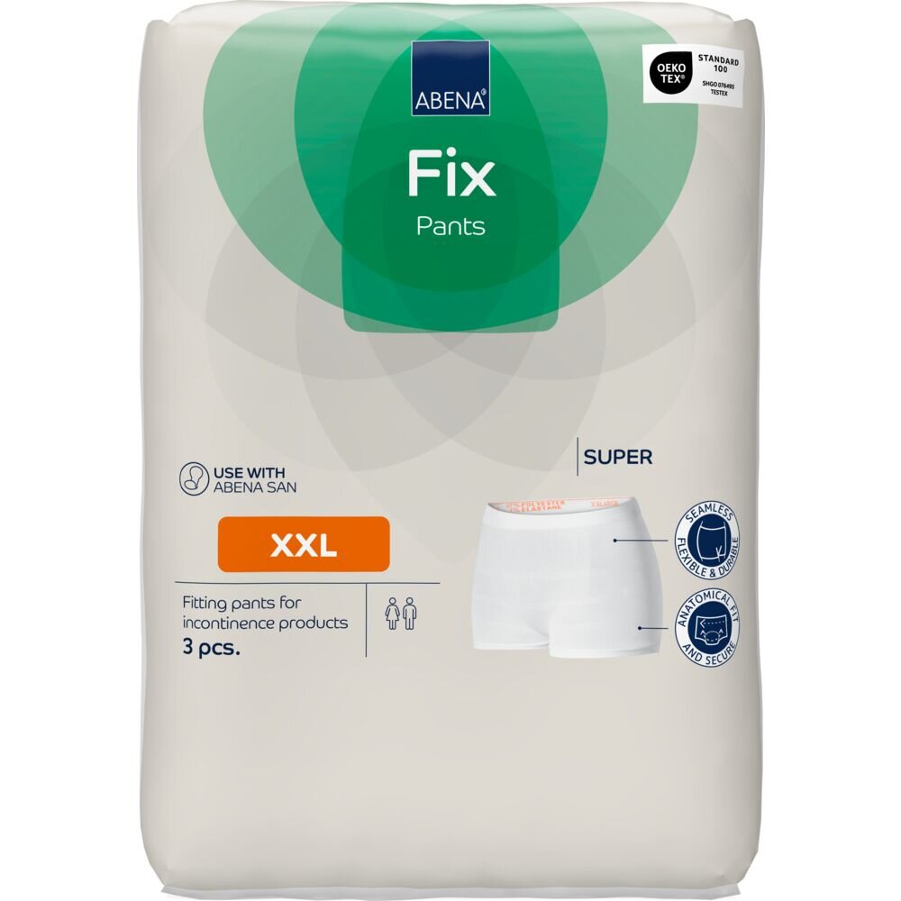 Weiße Wickelhosen der Marke Abena im XXL-Format sind verpackt. Sie sind für Inkontinenzprodukte geeignet und enthalten drei Stück. Auf der Verpackung sind Hinweise zur Nutzung und Eigenschaften abgebildet.