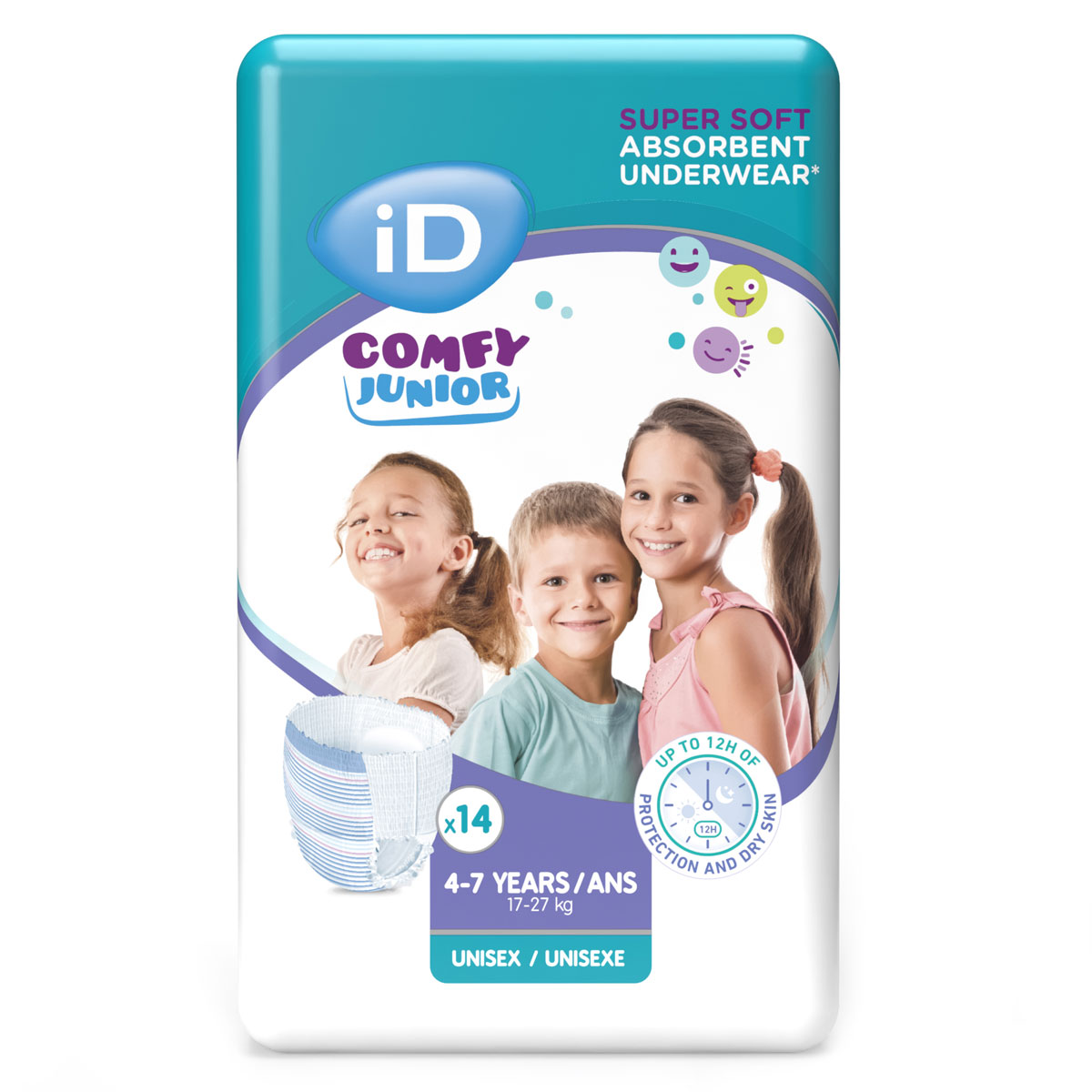 Packung mit absorbierbarem Unterwäscheprodukt für Kinder. Auf der Vorderseite lächeln drei Kinder. Die Verpackung enthält Angaben zu Größe, Gewicht und Absorption für 14 Stück. Text: -SUPER SOFT ABSORBENT UNDERWEAR-, -COMFY JUNIOR-, -4-7 YEARS / ANS 17-27