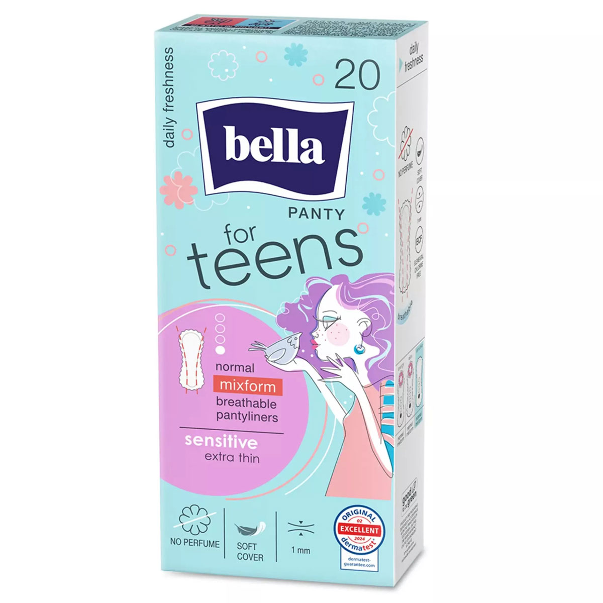 Packung mit 20 dünnen Slipeinlagen für Teenager von der Marke Bella. Die Einlagen sind atmungsaktiv, ohne Parfüm, mit einem weichen Überzug und in normaler Größe. Grafische Darstellung eines Mädchens auf der Vorderseite.