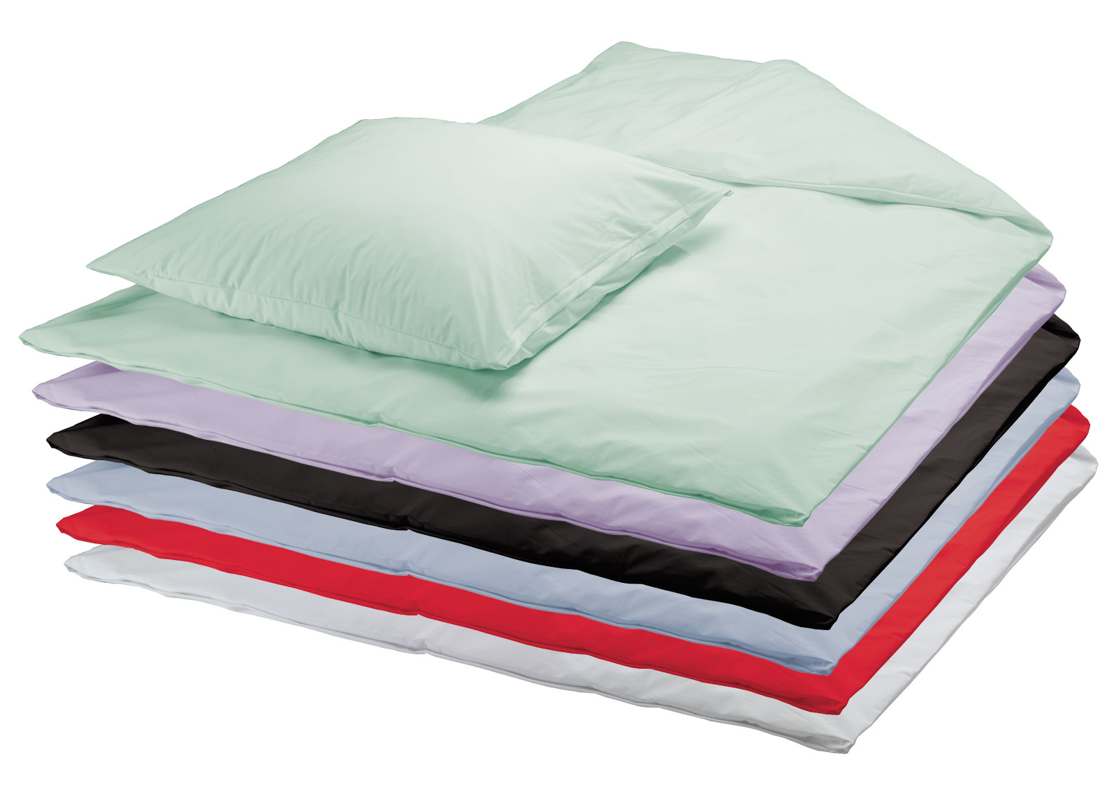 Bunte Bettwäsche-Stapel mit einem Kissen und einer Decke, kombiniert in verschiedenen Farben: hellgrün, lila, schwarz, hellblau, rot und weiß. Der Hintergrund ist neutral.