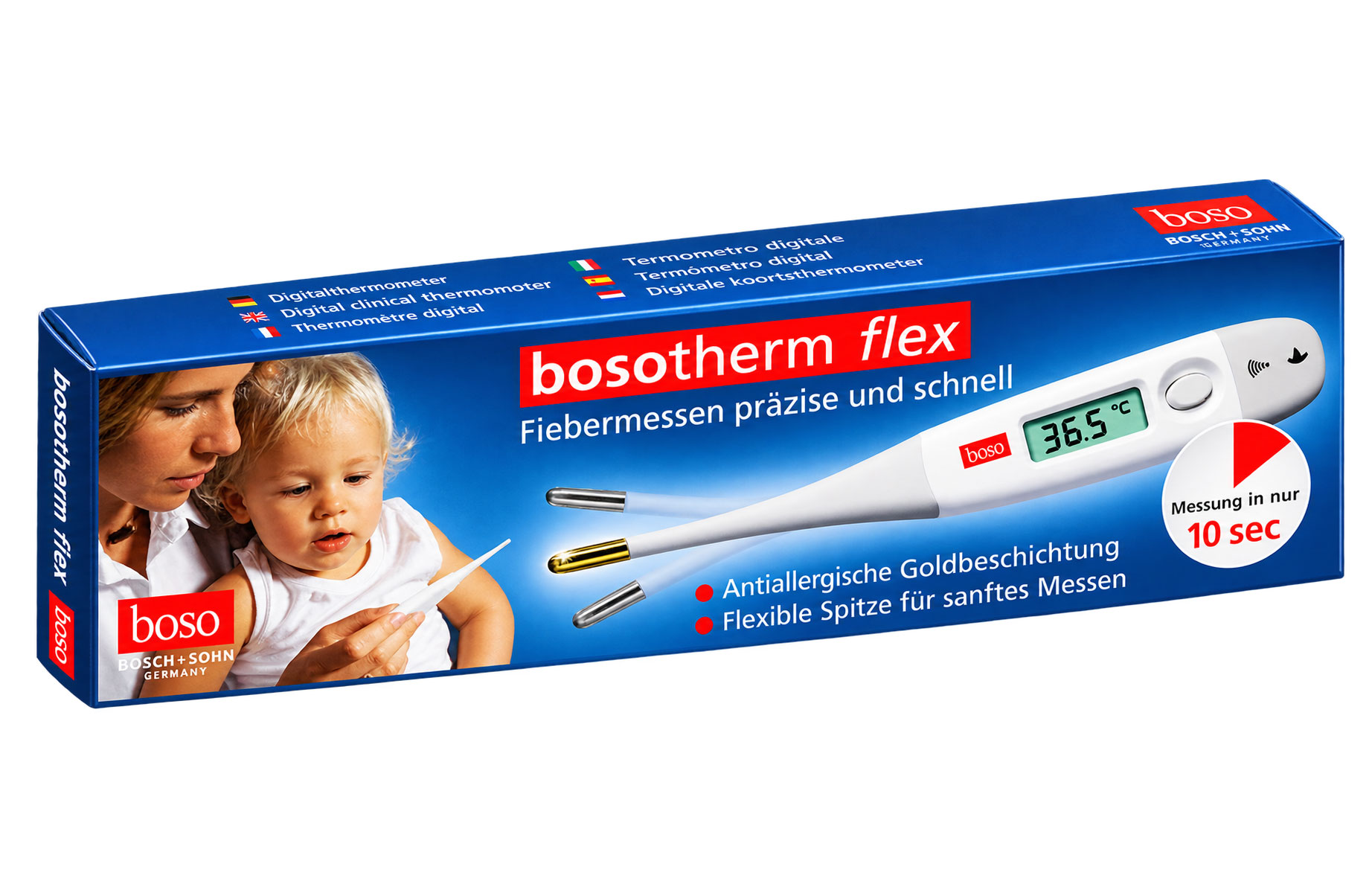 Ein digitales Fieberthermometer liegt in einer farbigen Verpackung mit Bildern. Das Thermometer hat eine flexible Spitze, allergiefreundliche Goldbeschichtung und zeigt eine Temperatur von 36,5 °C an. Wichtige Informationen sind in mehreren Sprachen auf d