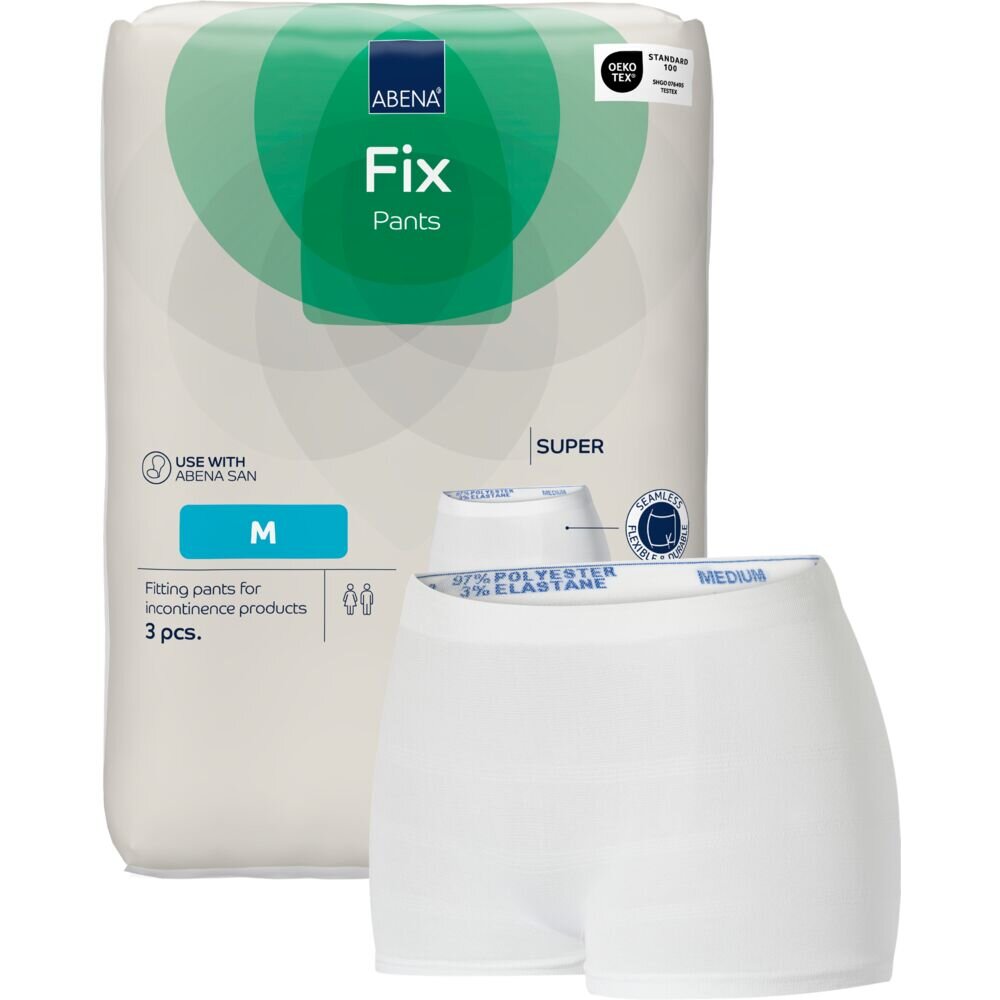 Weiße Fixierhosen für Inkontinenzprodukte sind vor einem neutralen Hintergrund abgebildet. Die Verpackung zeigt Informationen wie -ABENA Fix Pants-, Größe M und dass sie mit ABENA San verwendet werden können.