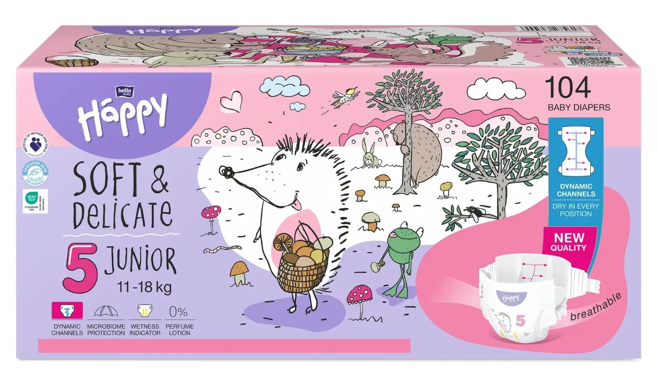 Eine Verpackung von Babywindeln mit buntem, illustrativem Design, das Tiere und einen Pilz-Hintergrund zeigt. Die Box enthält 104 Windeln für Kinder zwischen 11-18 kg.