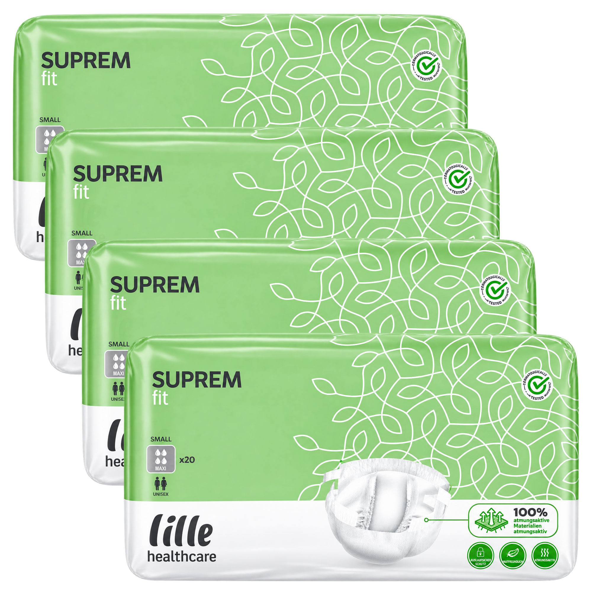 Vier Packungen der -SUPREM fit--Windeln in Hellgrün, jeweils mit der Kennzeichnung -small- und einem Bild der Windel. Die Packungen betonen Umweltfreundlichkeit und atmungsaktive Materialien.