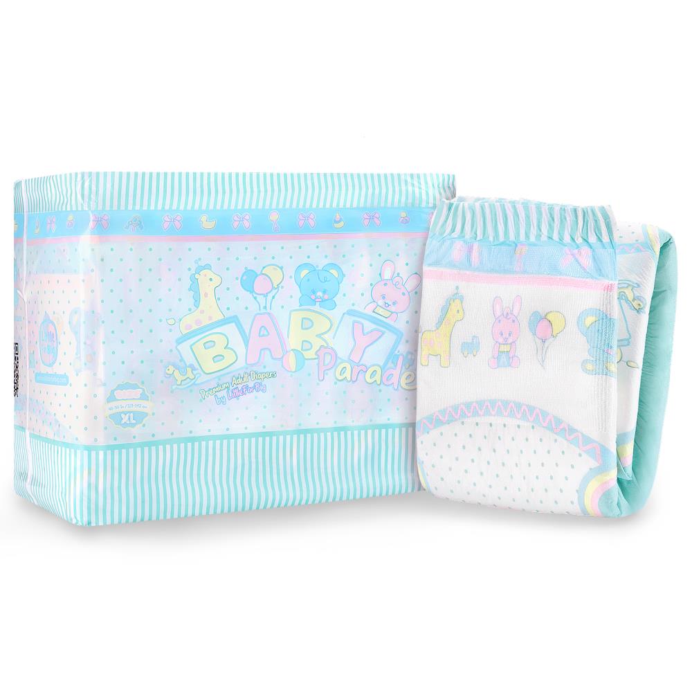Eine Packung mit großen Erwachsenenwindeln ist abgebildet. Die Verpackung hat ein hellblaues Design mit Tiermotiven und dem Schriftzug -BABY Parade-. Eine Windel fällt aus der Verpackung.