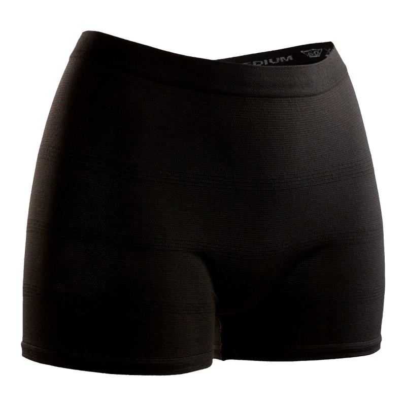 Schwarze, enganliegende Unterwäsche, die einen sportlichen Schnitt aufweist. Sie ist aus elastischem Material gefertigt und hat einen breiten Bund. Der Hintergrund ist neutral.