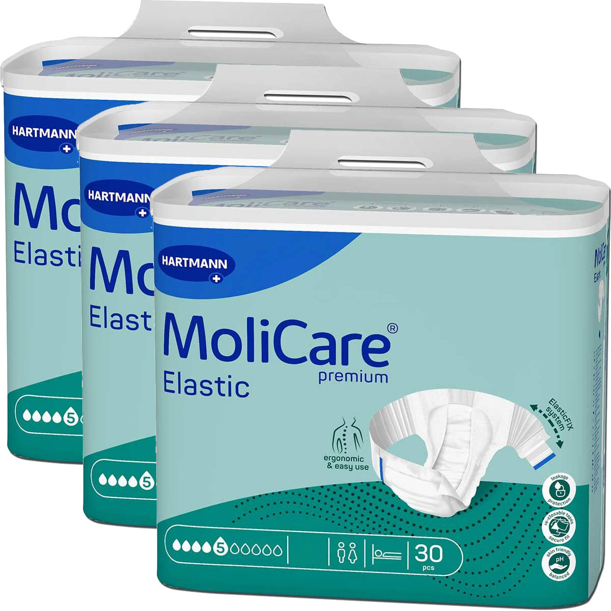 Drei Verpackungen von MoliCare Elastic Premium, mit einer Darstellung einer Hose. Die Verpackungen sind hellblau mit weißen und grünen Elementen, auf denen die Marke und Produktinformationen deutlich abgebildet sind.
