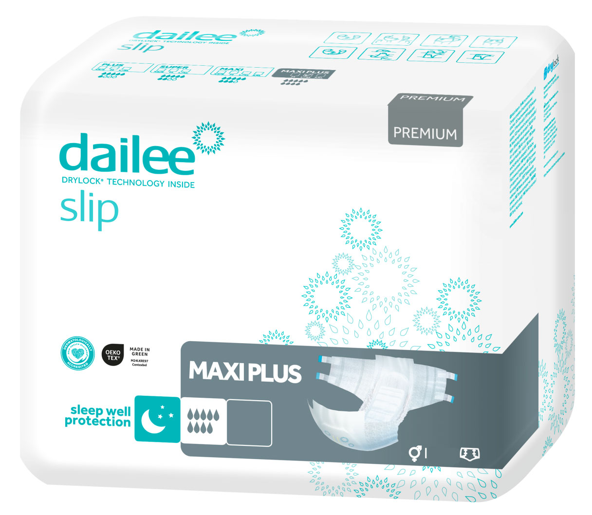 Dailee Slip Maxi Plus Paket mit einem weißen, modernen Design. Auf der Vorderseite sind Informationen zur Drylock-Technologie, Pflegehinweise, und die Aufschrift -Sleep well protection- sichtbar. Kategorien und Symbole für Größe und Schutz sind ebenfalls 