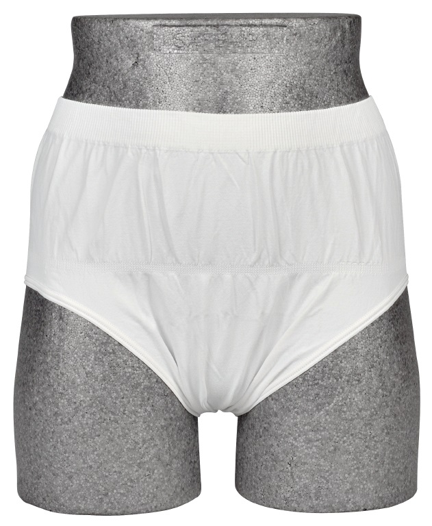 Weißes, elastisches Inkontinenzunterwäschemodell auf einem grauen Mannequin. Die Unterwäsche hat einen hohen Bund und ist glatt und nahtlos ohne zusätzliche Verzierungen.