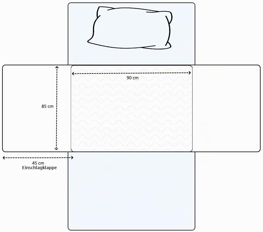 Eine Grafik zeigt eine Skizze eines Bettbezugs mit Abmessungen: 90 cm Breite und 85 cm Höhe, sowie einer 45 cm Einschlagklappe. Ein Kopfkissen ist oben dargestellt.