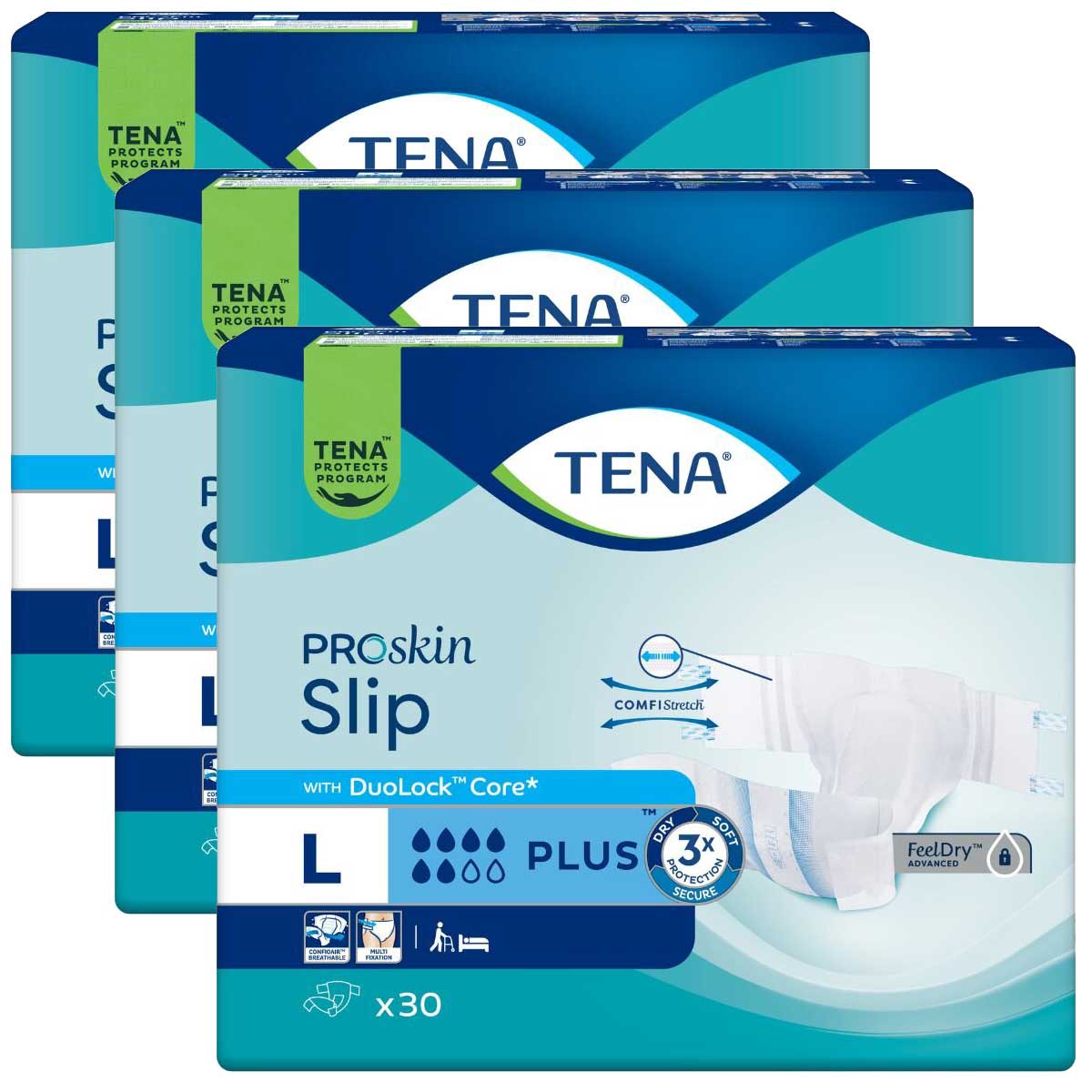 Drei Pakete von TENA ProSkin Slip in der Größe L sind übereinander gestapelt. Jedes Paket enthält 30 Stück und hebt die Features wie DuoLock™ Core und FeelDry™ hervor.