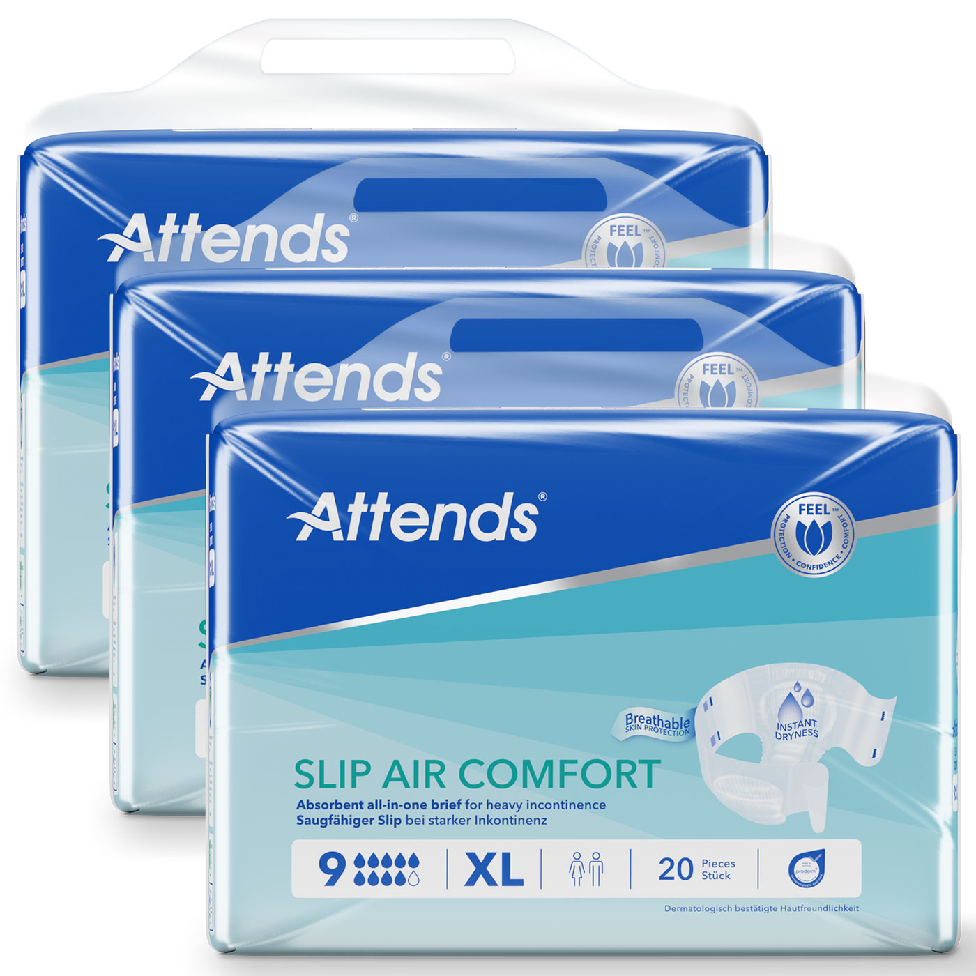 ATTENDS Slip AIR Comfort 9 - Extra Large (XL), Inkontinenzwindeln, 60 (3x20) Stück