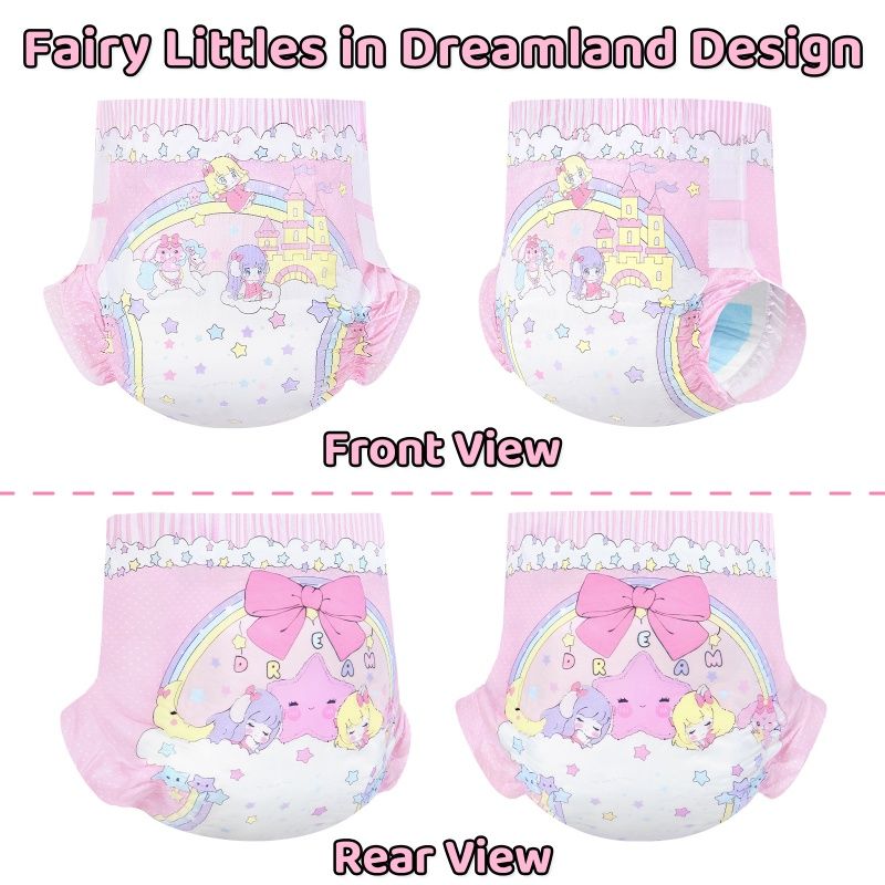 Eine Windel mit dem Design -Fairy Littles in Dreamland- wird aus zwei Perspektiven gezeigt: Vorderansicht mit bunten Figuren und Regenbogen, Rückansicht mit einer großen Schleife und weiteren Figuren. Sie ist überwiegend in Rosa gehalten.