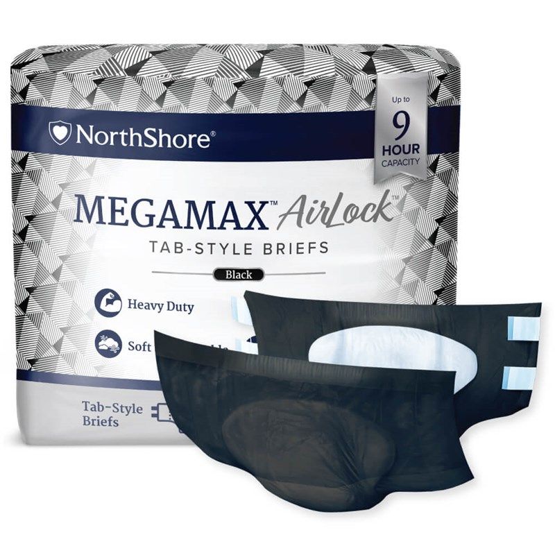 Schwarze Tab-Stil Pflegehosen sind auf der Vorderseite sichtbar, umgeben von einer bunten Packung mit geometrischem Muster. Die Packung zeigt die Marke -NorthShore- und Produktdetails wie die hohe Kapazität von bis zu 9 Stunden.