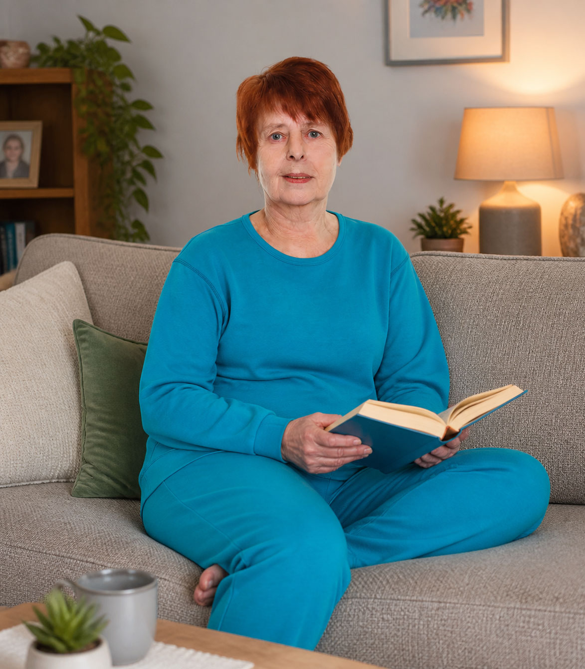 Eine ältere Frau in einem blauen Jogginganzug sitzt auf einem Sofa und hält ein aufgeschlagenes Buch in den Händen. Im Hintergrund sind eine Lampe und Pflanzen sichtbar.