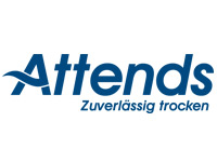 Attends-Logo in blauer Schrift mit dem Slogan -Zuverlässig trocken- darunter. Der Hintergrund ist schlicht, wodurch das Logo gut zur Geltung kommt.