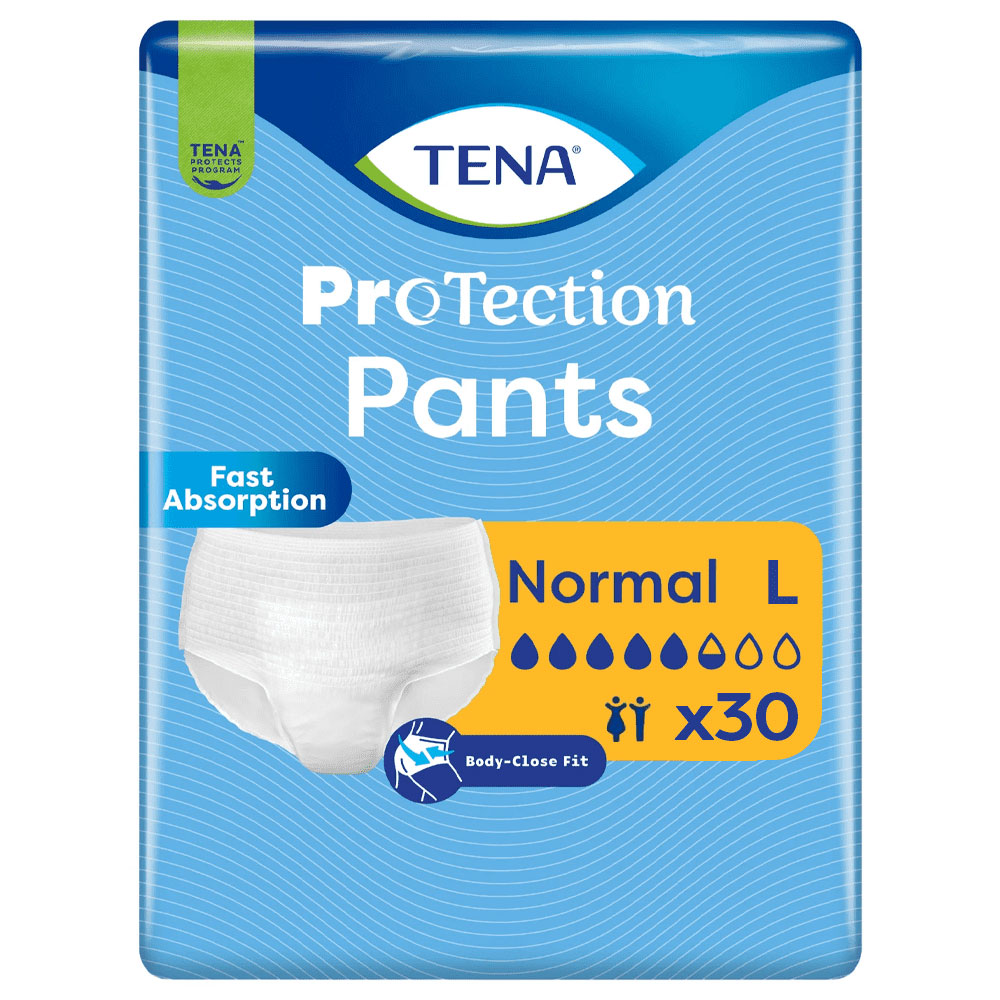 Eine Packung mit TENA ProTect Pants in Größe L wird gezeigt. Die Packung hebt die -schnelle Absorption-, -Normal- und enthält 30 Stück. Es wird ein Body-Close Fit dargestellt.