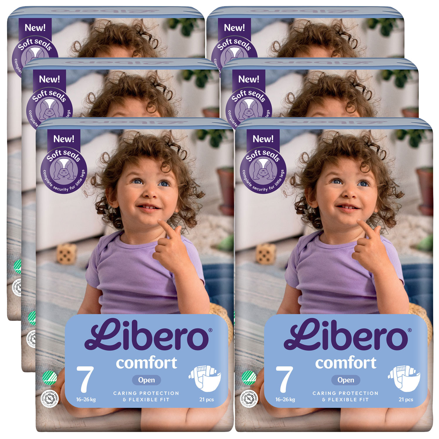 Sechs Packungen Libero Comfort Windeln in der Größe 7 sind übereinander gestapelt. Auf der Vorderseite sind ein lächelndes Kind mit lockigem Haar und das Logo sowie Produktinformationen zu sehen. Der Hintergrund ist hell und kindgerecht gestaltet.