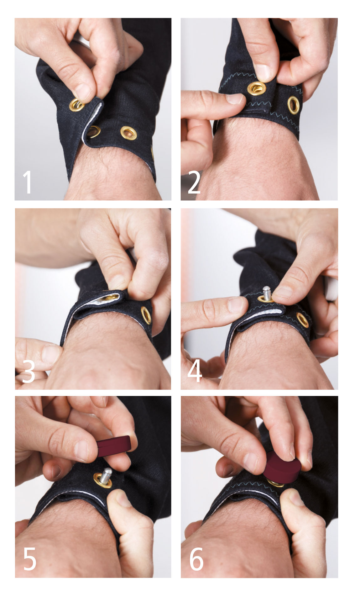Sechs Bilder zeigen einen Handgriff zum Befestigen eines Ärmelknopfs. Eine Hand zeigt Schritt für Schritt die Anbringung des Knopfes an einem dunkelblauen Ärmel.