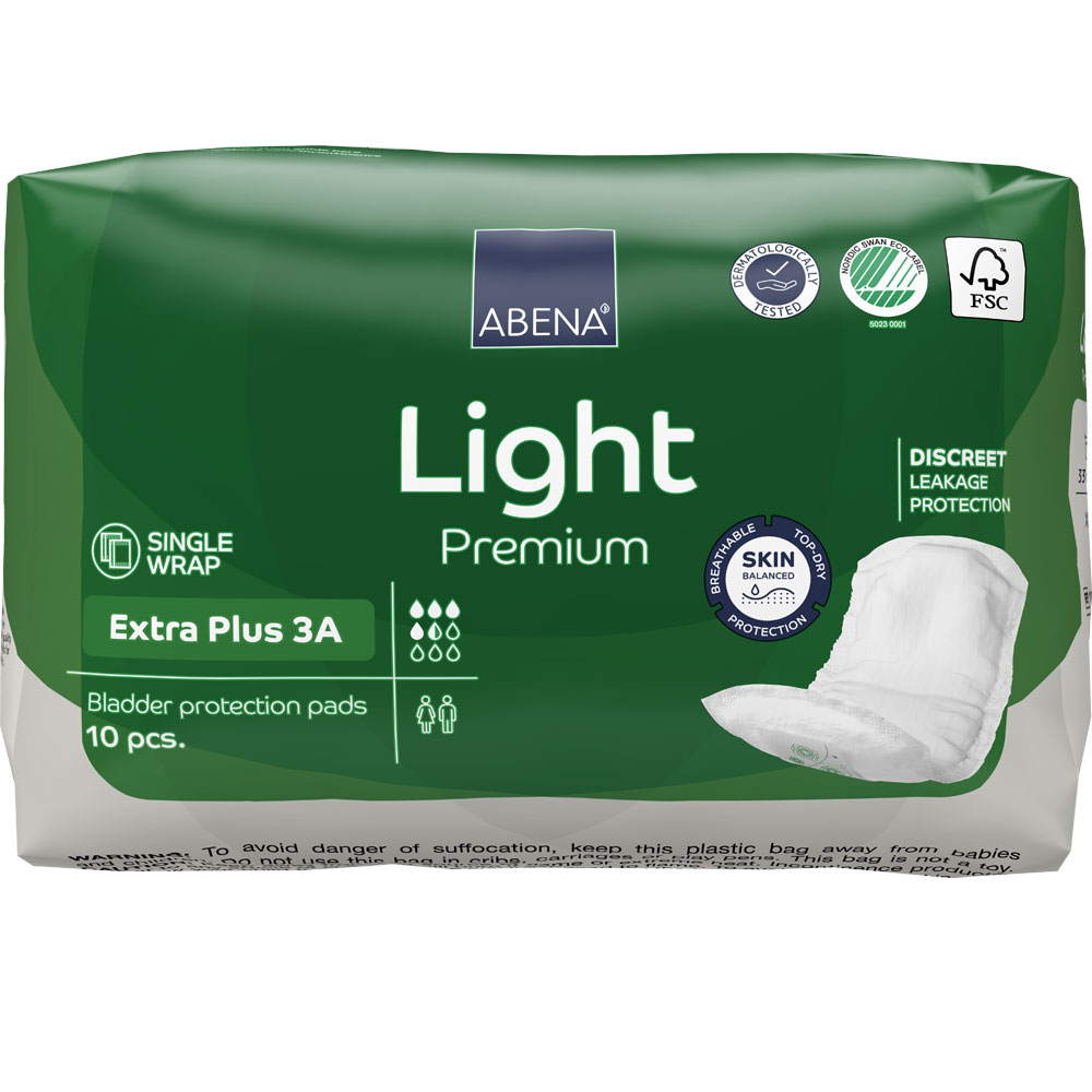 ABENA Light Premium Extra Plus 3A ist ein Paket mit 10 Blasenschutzpolstern. Es bietet diskreten Schutz vor Undichtigkeiten und hat atmungsaktive Eigenschaften. Verpackt in grünem Design mit symbolischen Hinweisen.